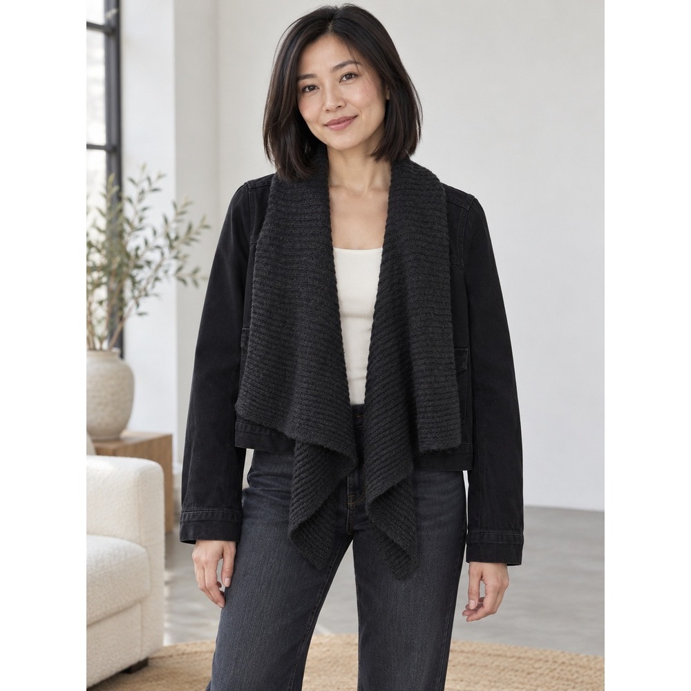 Abercrombie & Fitch Black Denim Knit Shawl Collar Open Front Jacket Womens M
